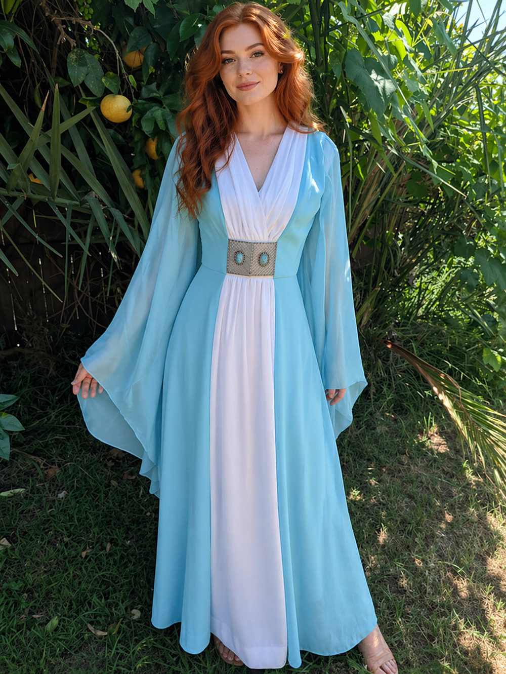 VTG 70s Ethereal Blue Dress S Sheer Batwing Sleeves Grecian Goddess Metal Accent